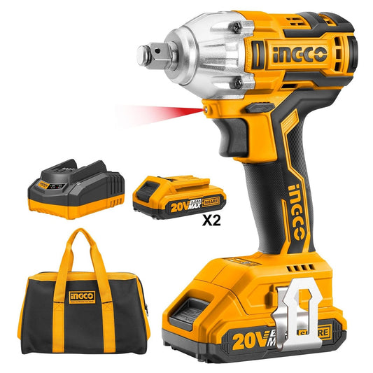 Ingco CIWLI2001 20V Cordless Impact Wrench - 3300 RPM, 300NM Max Torque, Brushless Motor, LED, 2 Batteries & Charger