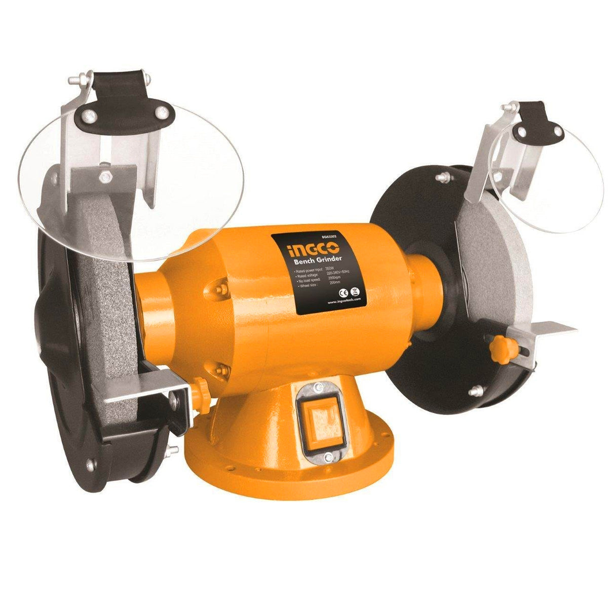 Ingco BG83502 350W Bench Grinder - Precision Grinding with 200mm Wheel, Adjustable Rest, and Tool Storage