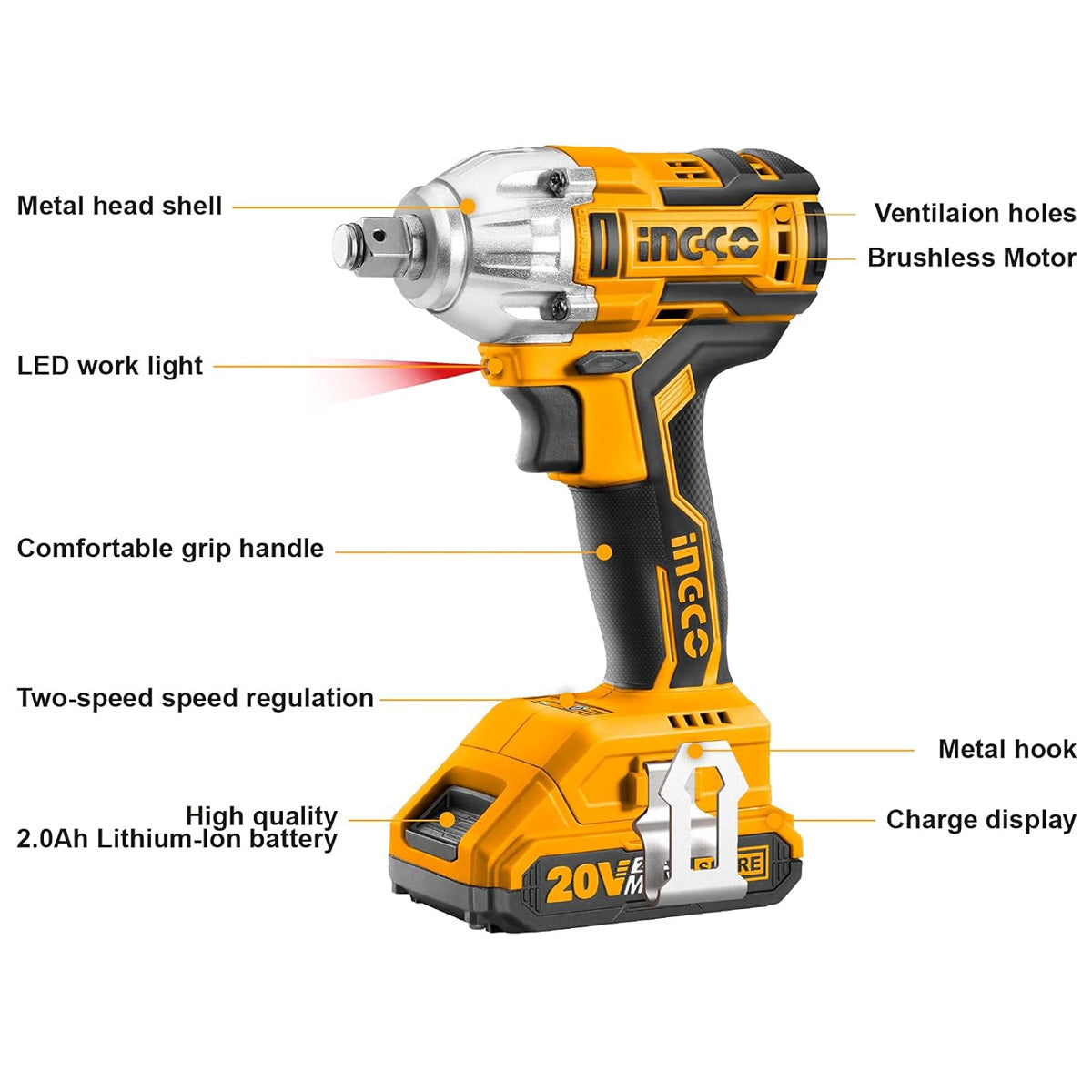Ingco CIWLI2001 20V Cordless Impact Wrench - 3300 RPM, 300NM Max Torque, Brushless Motor, LED, 2 Batteries & Charger