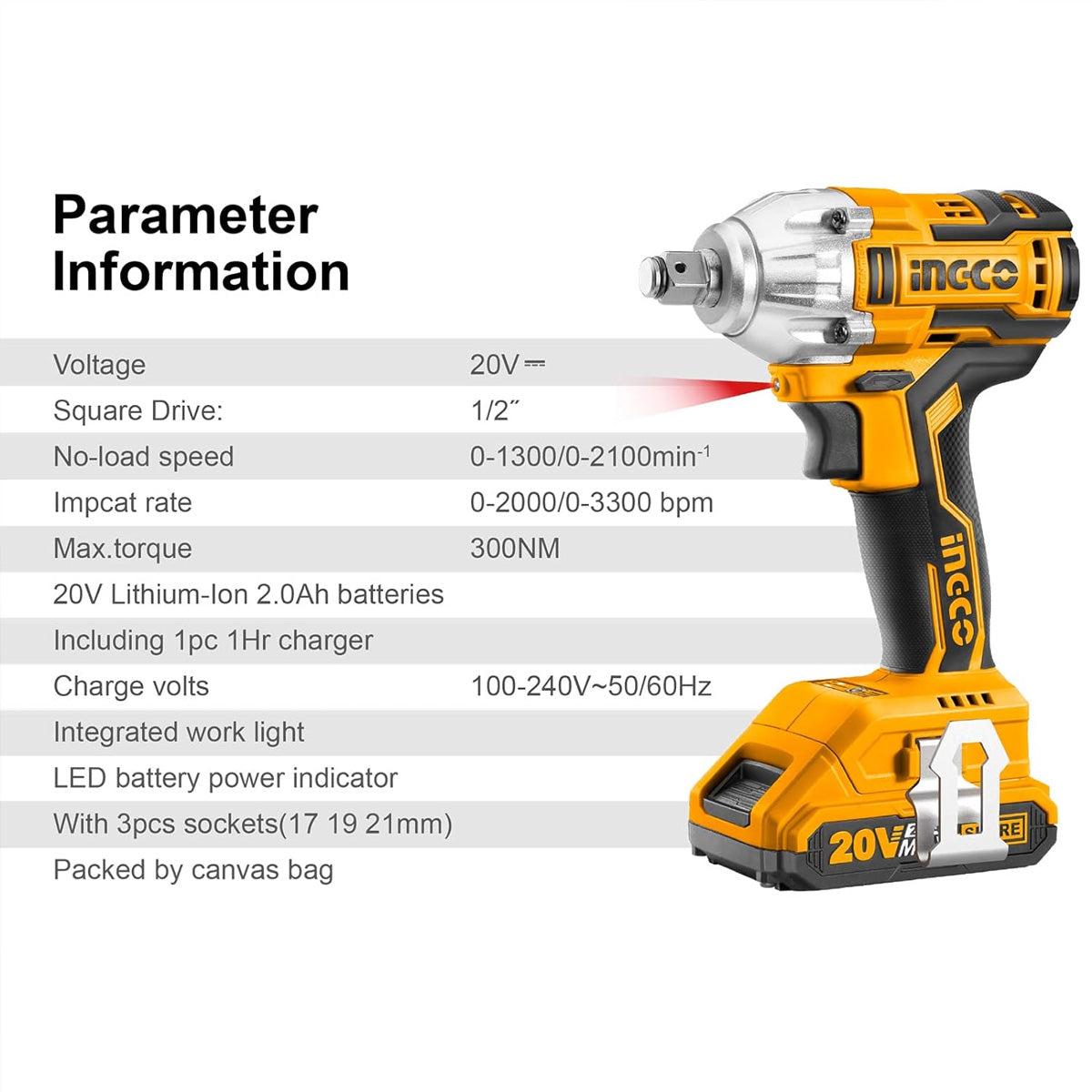 Ingco CIWLI2001 20V Cordless Impact Wrench - 3300 RPM, 300NM Max Torque, Brushless Motor, LED, 2 Batteries & Charger