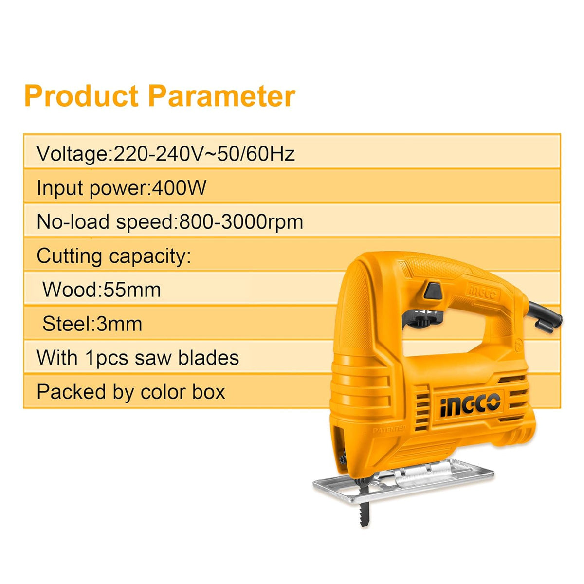 Ingco JS400285 Corded Jigsaw with 400W Motor - Variable Speed, Bevel Cutting, and Dust Removal System for Precision DIY and Professional Woodworking