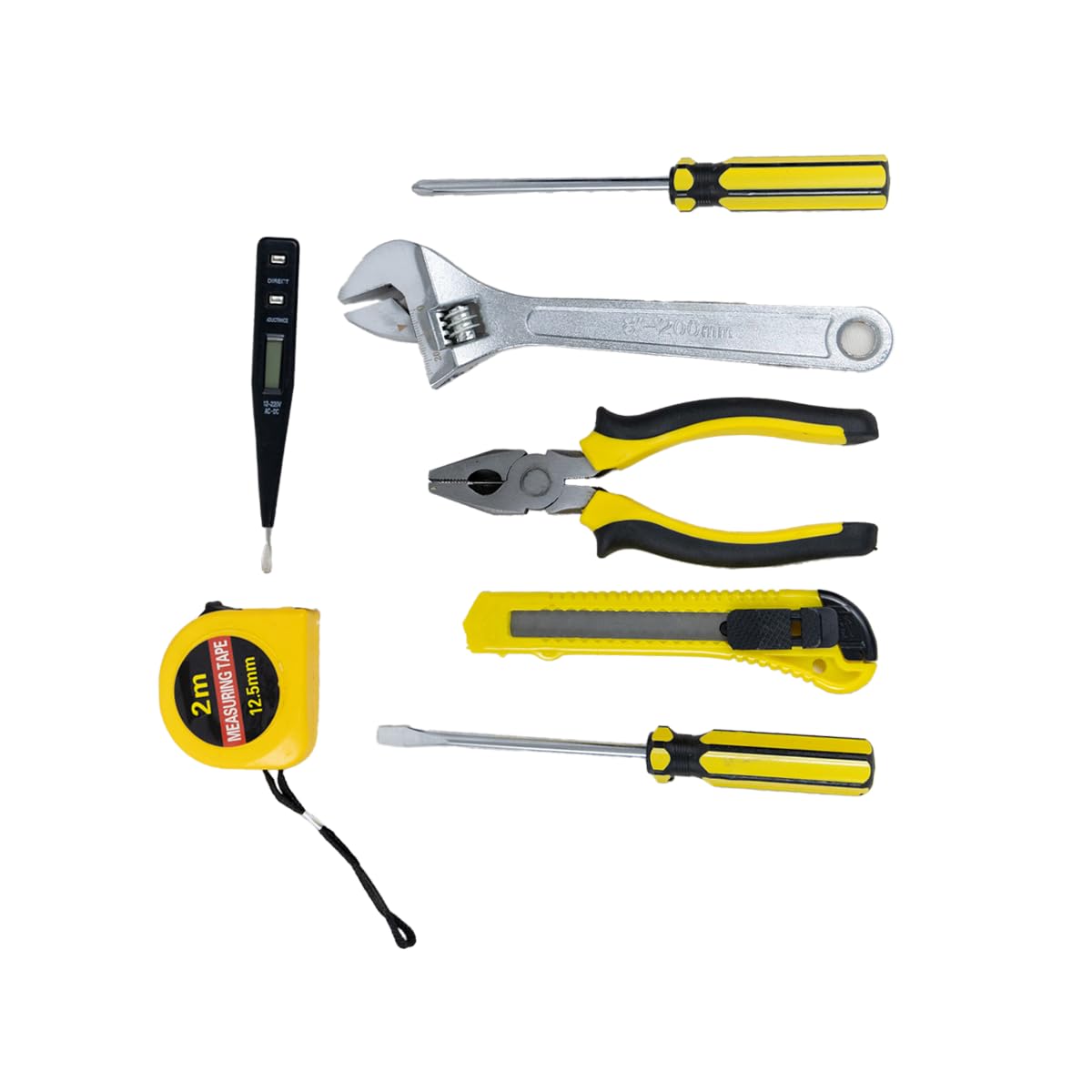 Aegon 7 Pcs Hand Tool Set - Adjustable Spanner, Star Screwdriver, Flathead Screwdriver, Knife, Measuring Tape, Cutting Plier, and Voltage tester
