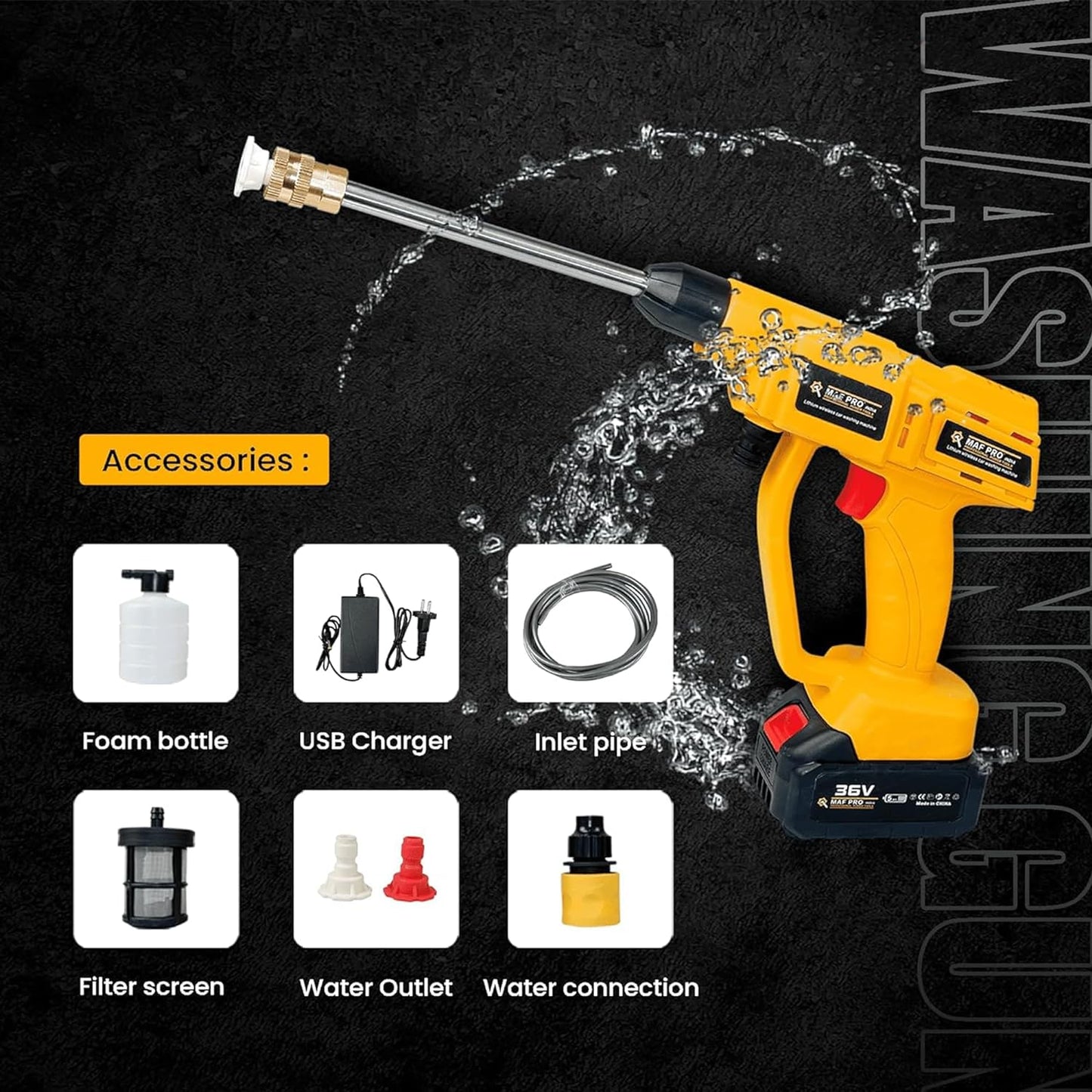 MAF PRO MPCCW-1021 Cordless 36V Battery Powered Pressure Washer Car Washing Gun with Shampoo Bottle Attachment, 2 Nozzles & Water Suction Filter