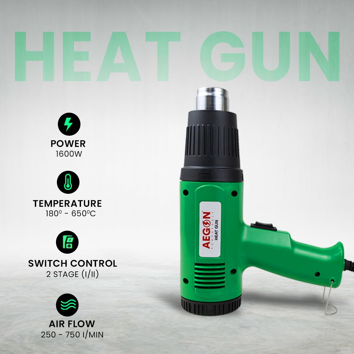 Aegon 1600W Heat Gun - Professional Dual-Speed Tool with Variable Temperature (180°C - 650°C) for PVC Shrinking, Wrapping, Plastic Molding, and Water Defrosting - 1 Year Warranty