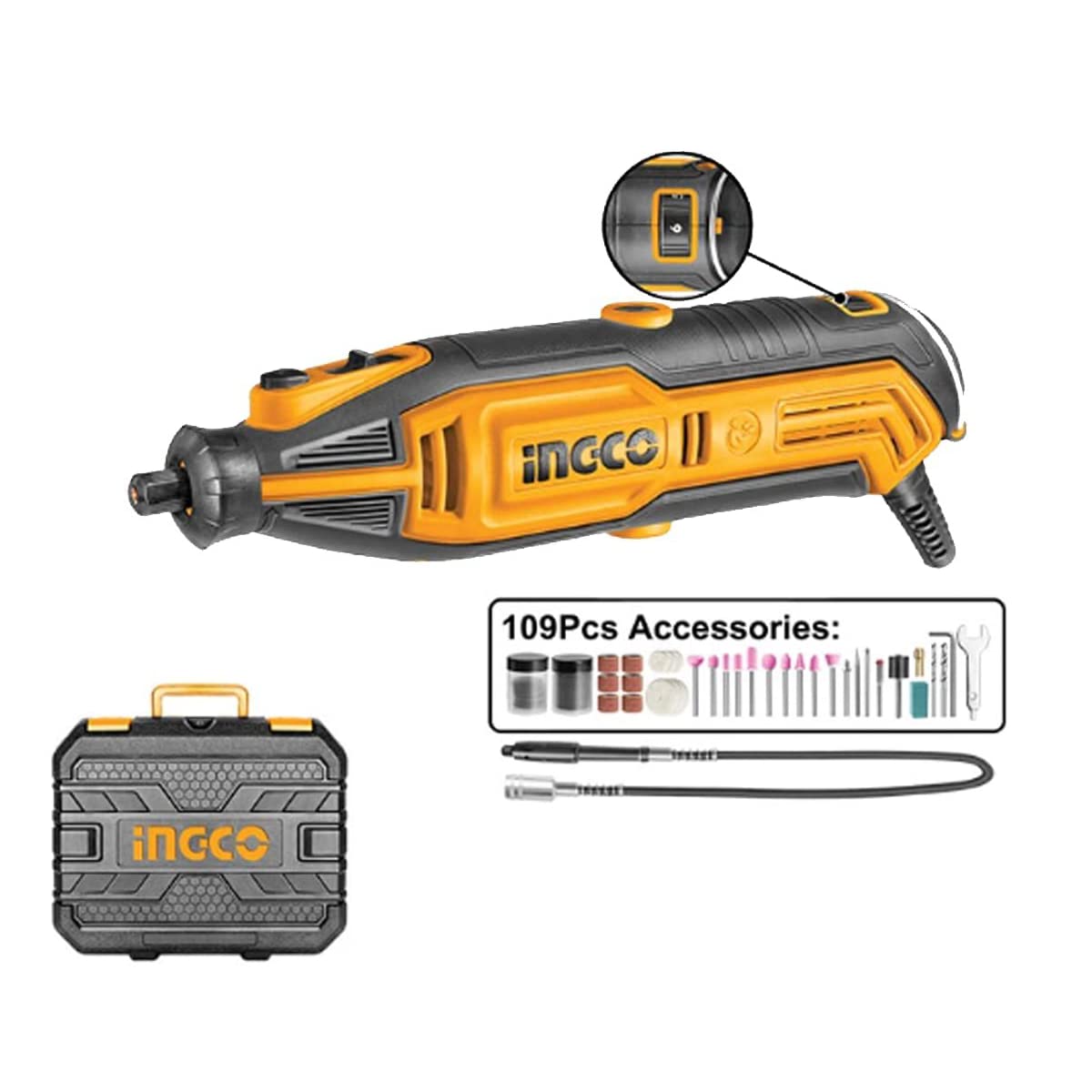 INGCO Mini Die Grinder Kit with Variable Speed MG13328 Mini Die Grinder, 130W, 3.2mm disc dia, 35000 Rpm - 110 Accessories Rotary Tool (3.2 mm)