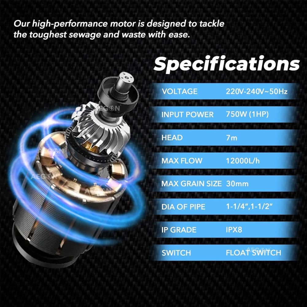 Aegon ASP750 Single Phase IPX8, 750 W, 1 HP Submersible Sewage Pump with Float Switch (12000 L/H, Head 9.5mtr, Depth 7m)