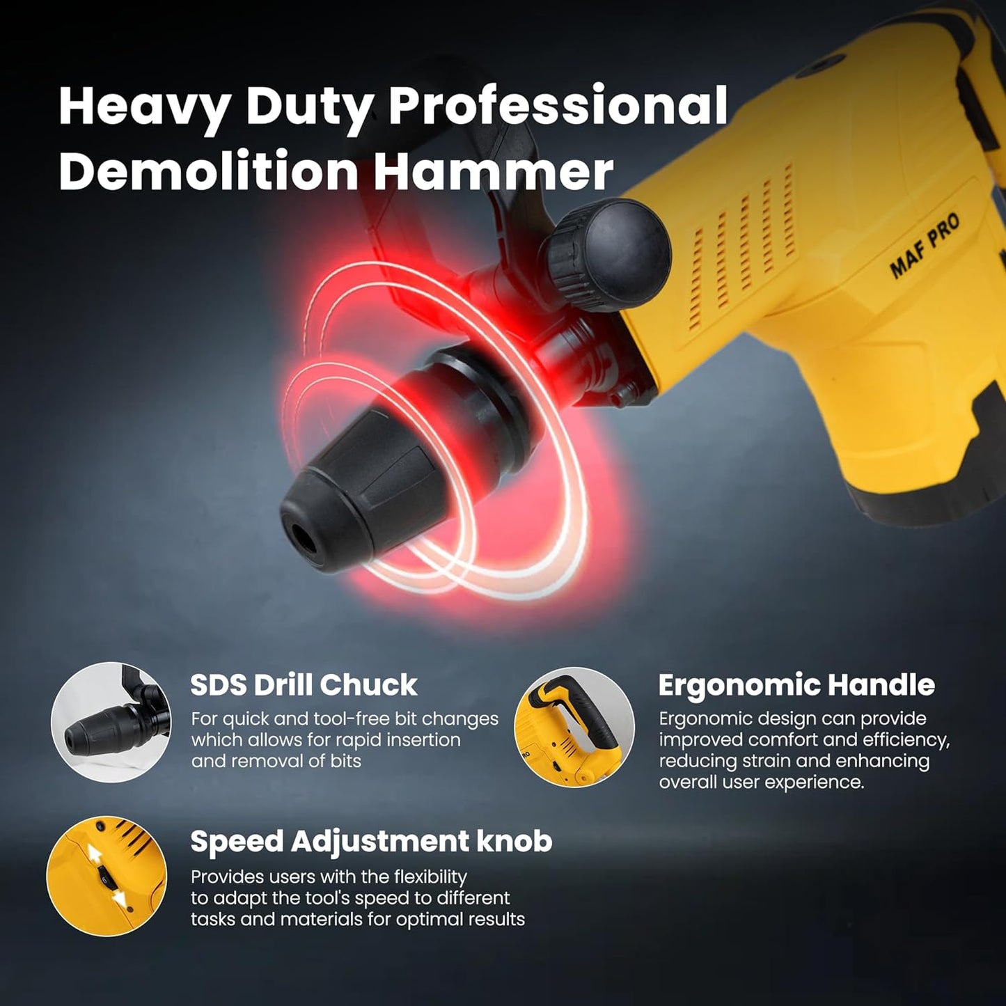 MAF PRO DBH180056 11kg Heavy Duty Professional Breaker/Demolition Hammer/Concrete Breaker with Pointed and Flat Chisel Bits For Chipping/Demolition (1800W, 0-27J, 0-2000bpm)