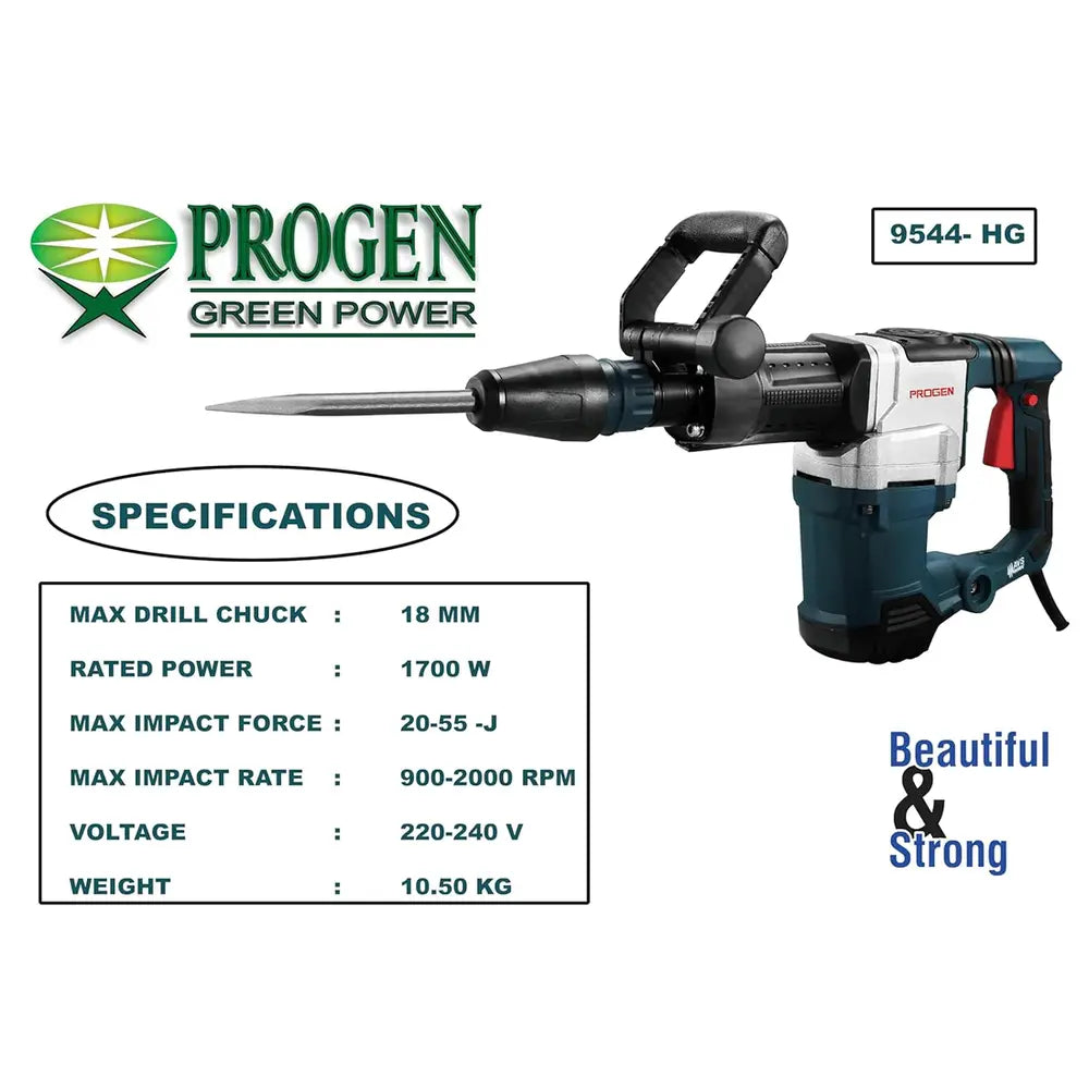PROGEN 9544-HG 11kg Heavy Duty Breaker/Demolition Hammer/Concrete Breaker with Pointed and Flat Chisel Bits (1700W, 20-55J, 900-2000bpm, 18mm Max Drill Chuck)