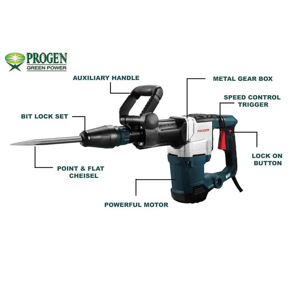 PROGEN 9544-HG 11kg Heavy Duty Breaker/Demolition Hammer/Concrete Breaker with Pointed and Flat Chisel Bits (1700W, 20-55J, 900-2000bpm, 18mm Max Drill Chuck)