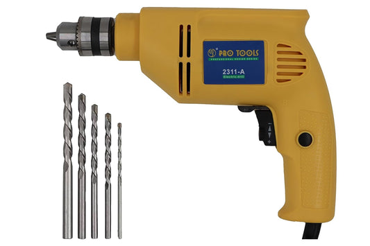 PRO TOOLS 2311-A, 10mm, 430W Electric Drill Machine, Copper Armature, 10mm Chuck, 2800 RPM, 2 Mode Selector, Forward/Reverse with Variable Speed with 5 Pieces Bits
