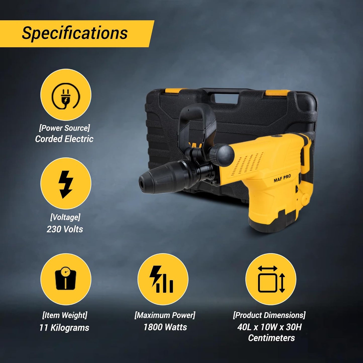 MAF PRO DBH180056 11kg Heavy Duty Professional Breaker/Demolition Hammer/Concrete Breaker with Pointed and Flat Chisel Bits For Chipping/Demolition (1800W, 0-27J, 0-2000bpm)