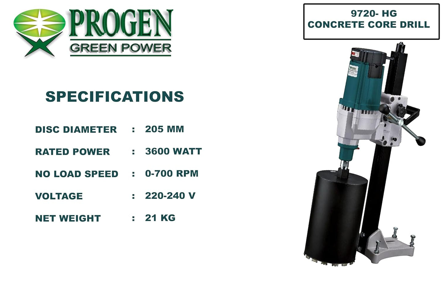 PROGEN 9270-HG Heavy Duty 3600W, 8 Inch Concrete Core Cutting Drill Machine 700 Rpm Angle Drill (205mm Disc Dia)