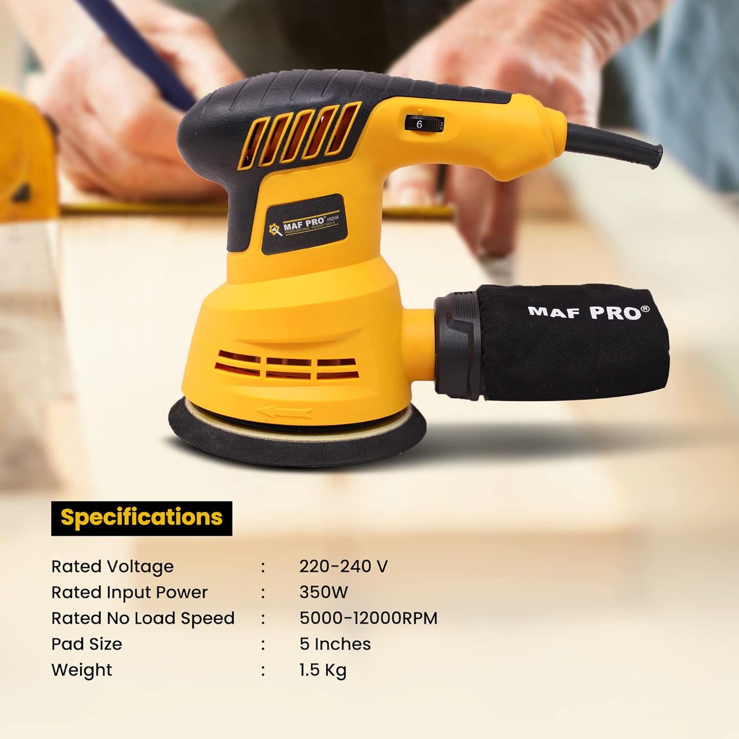 MAF PRO MRS3508 350W Orbital Sander with Sand Paper, Copper Armature, Disc dia 125mm, Variable Speed Control and Dust Collection Bag (5000-12000 RPM)