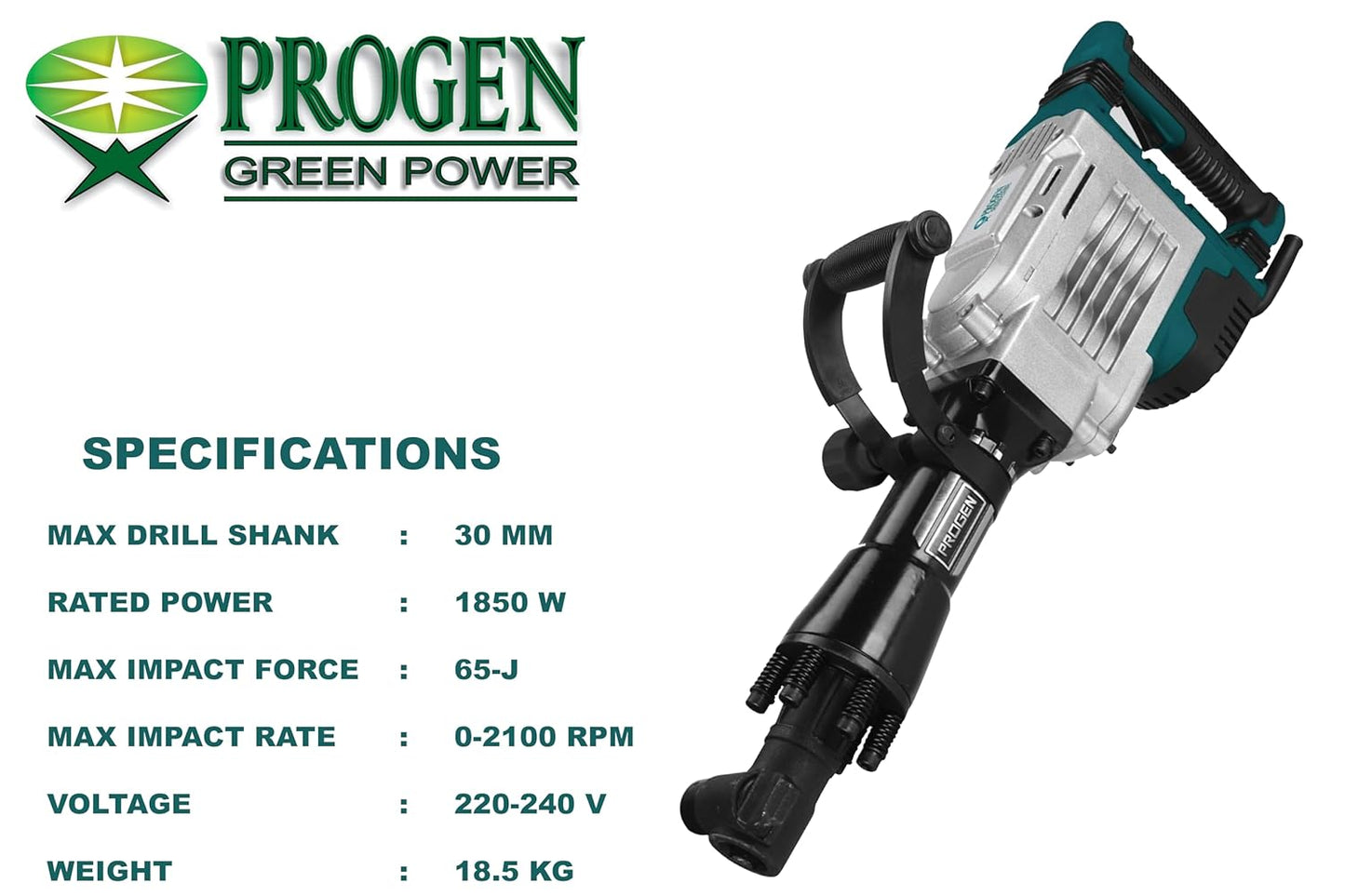 PROGEN 9590-HG 18.5kg Heavy Duty Professional Breaker/Demolition Hammer/Concrete Breaker For Chipping/Demolition (1850W, 65J, 0-2100bpm, 30mm Max Drill Shank)