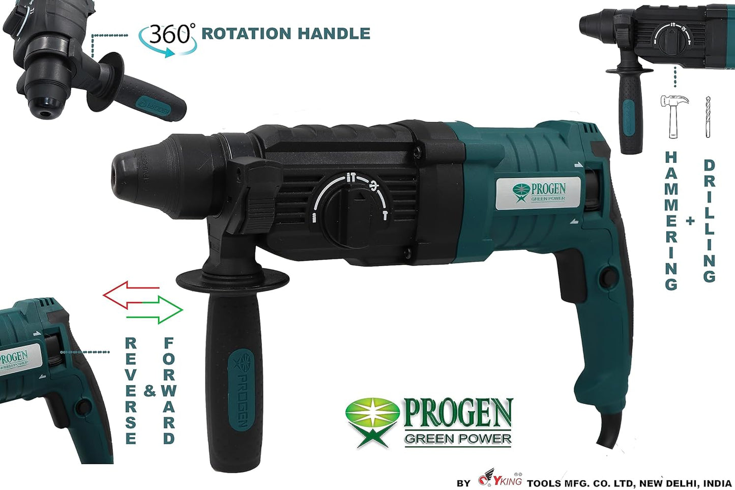 PROGEN 9226HG 980W Heavy Duty 26mm Rotary Hammer Drill, Variable Speed Reversible Function with 5 Bits For Hammering, Chiseling on Wood, Metal, Concrete (1300 Rpm)