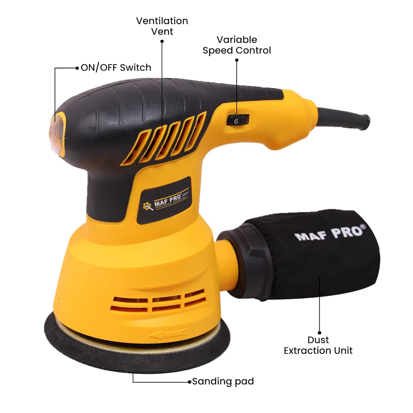 MAF PRO MRS3508 350W Orbital Sander with Sand Paper, Copper Armature, Disc dia 125mm, Variable Speed Control and Dust Collection Bag (5000-12000 RPM)