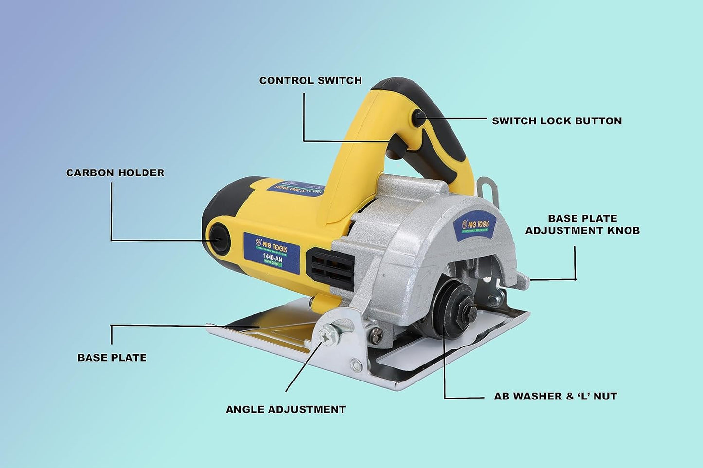 ProTools 1440-AN Professional 1450W 5-inch Marble Cutter Machine without Blade Handheld Tile/ Granite/ Stone/ Brick/ Porcelain/ Ceramic Cutter (1450 W, 13000 Rpm, 5 Inch)