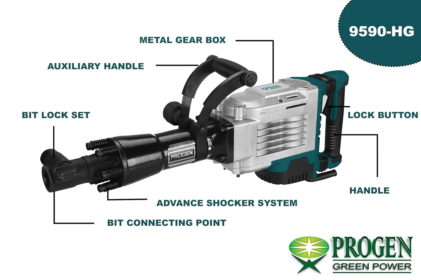 PROGEN 9590-HG 18.5kg Heavy Duty Professional Breaker/Demolition Hammer/Concrete Breaker For Chipping/Demolition (1850W, 65J, 0-2100bpm, 30mm Max Drill Shank)
