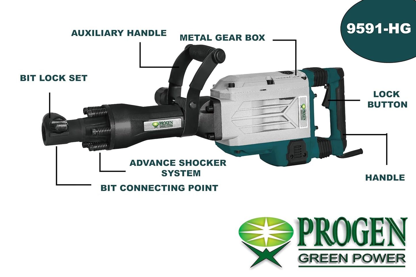PROGEN 9591-HG 18.5kg Heavy Duty Professional Breaker/Demolition Hammer/Concrete Breaker For Chipping/Demolition (1800W, 60J, 0-1800bpm, 30mm Max Drill Shank)