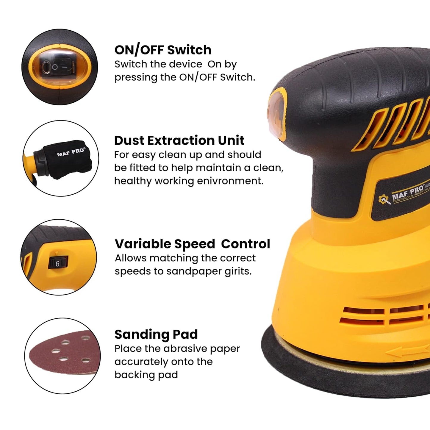 MAF PRO MRS3508 350W Orbital Sander with Sand Paper, Copper Armature, Disc dia 125mm, Variable Speed Control and Dust Collection Bag (5000-12000 RPM)