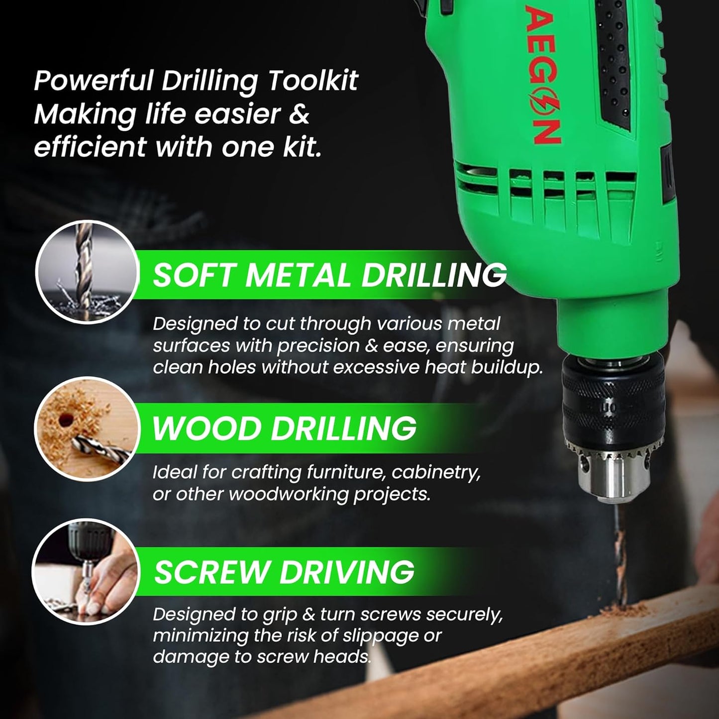 Aegon ADM13 Pro - 13MM Electric Impact Drilling Machine Kit with 115 Pieces Tools, Tool Box and Accessories (800W)