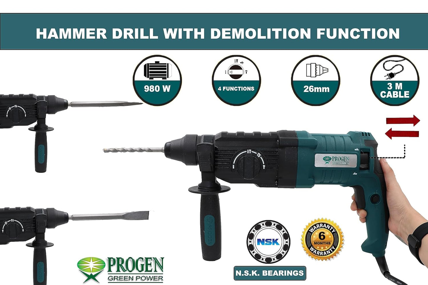 PROGEN 9226HG 980W Heavy Duty 26mm Rotary Hammer Drill, Variable Speed Reversible Function with 5 Bits For Hammering, Chiseling on Wood, Metal, Concrete (1300 Rpm)