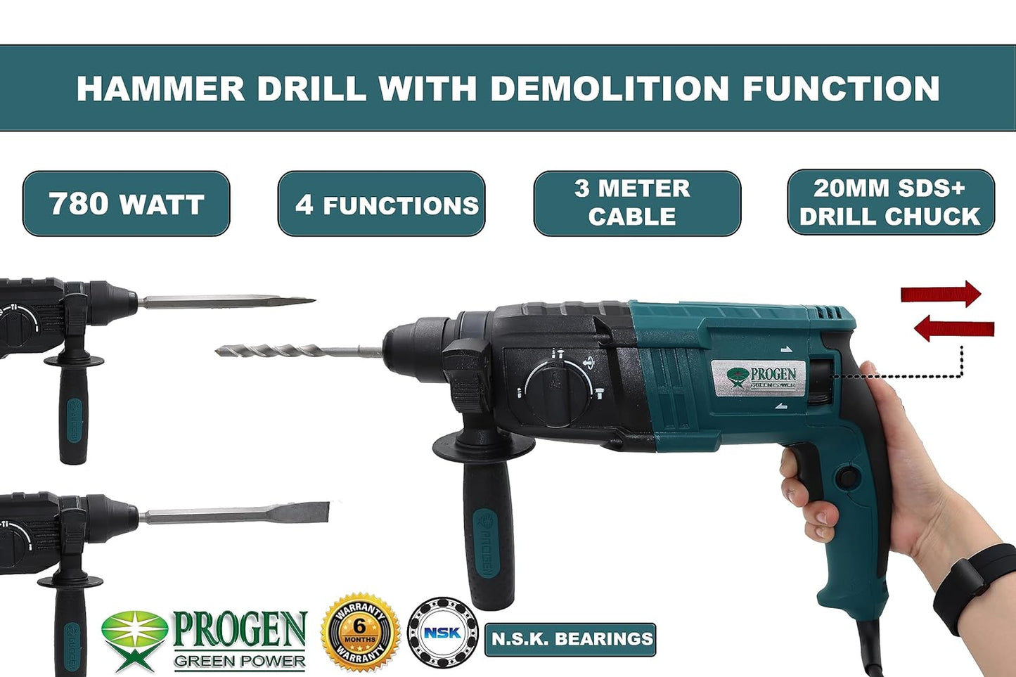 PROGEN 9220-HG 780W 20mm Rotary Hammer Drill Machine, SDS Plus Shank, Variable Speed, Reversible 4 Functions with 3 Bits For Hammering & Drilling on Concrete, Masonry & Wood (3900 bpm, 2000 Rpm)
