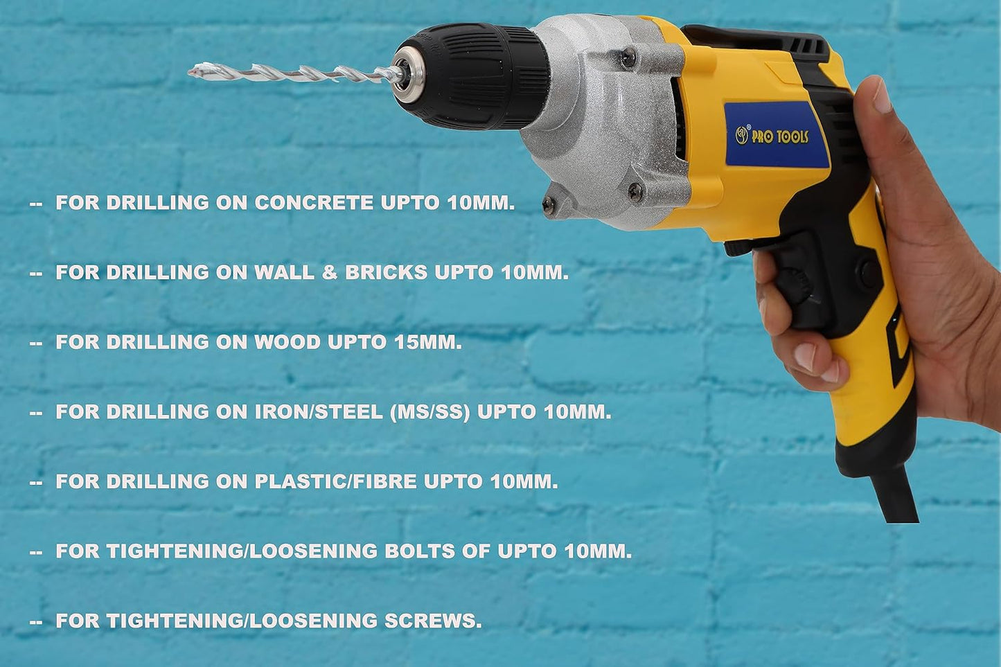 PRO TOOLS 1023-A, 10mm, 600W Impact Electric Drill Machine, Copper Armature, 10mm Keyless Auto Chuck, 3200 RPM, 2 Mode Selector, Forward/Reverse with Variable Speed