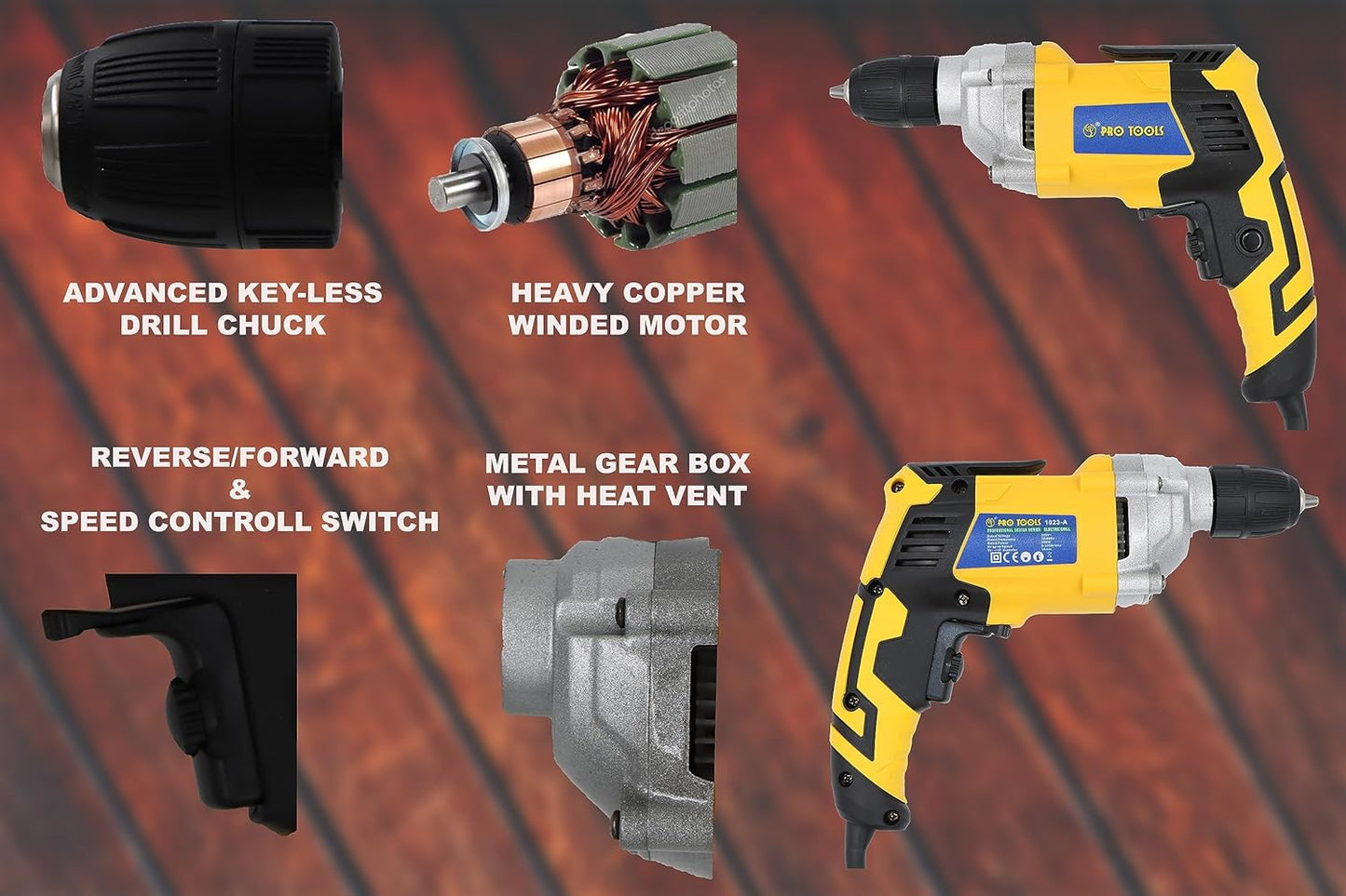 PRO TOOLS 1023-A, 10mm, 600W Impact Electric Drill Machine, Copper Armature, 10mm Keyless Auto Chuck, 3200 RPM, 2 Mode Selector, Forward/Reverse with Variable Speed