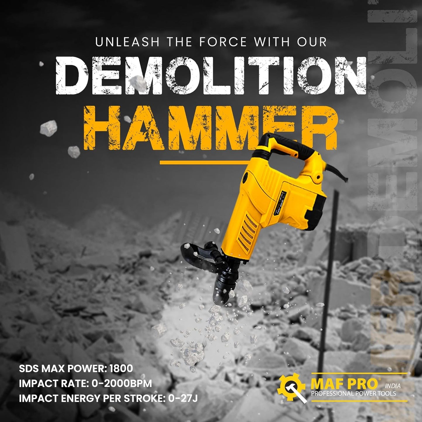 MAF PRO DBH180056 11kg Heavy Duty Professional Breaker/Demolition Hammer/Concrete Breaker with Pointed and Flat Chisel Bits For Chipping/Demolition (1800W, 0-27J, 0-2000bpm)