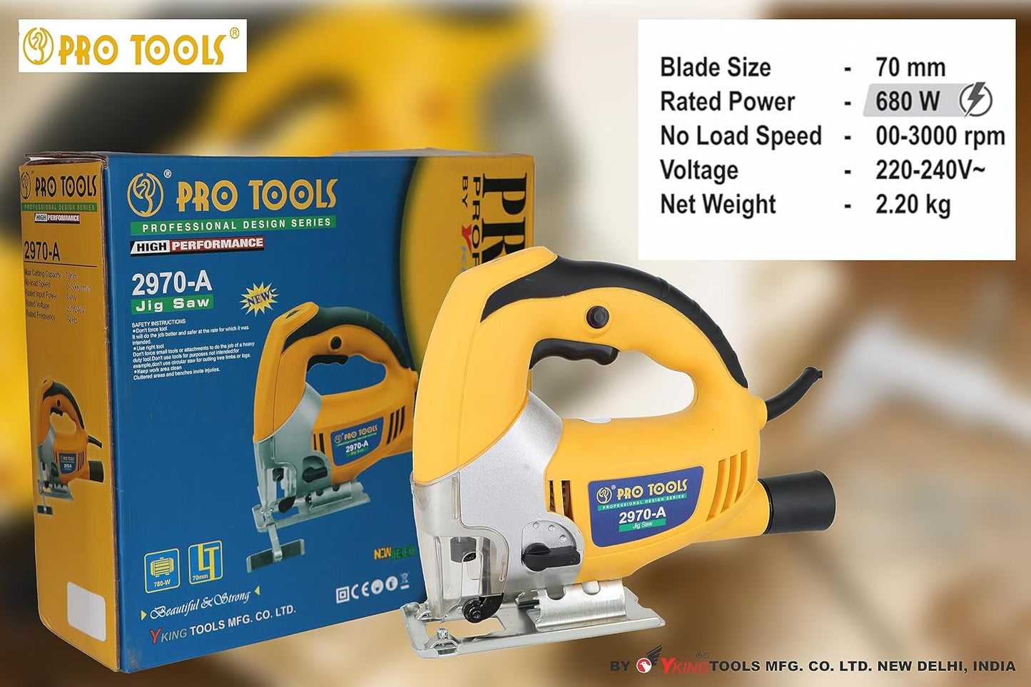 PRO TOOLS 2970-A, 780W | 0-3000rpm | Max Cutting Depth 70mm Corded Jigsaw for Wood, Cutting Iron/Steel