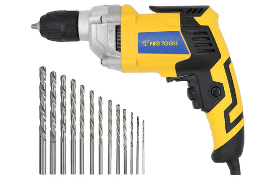 PRO TOOLS 1023-A, 10mm, 600W Impact Electric Drill Machine, Copper Armature, 10mm Keyless Auto Chuck, 3200 RPM, 2 Mode Selector, Forward/Reverse with Variable Speed with 13 Pieces Bits