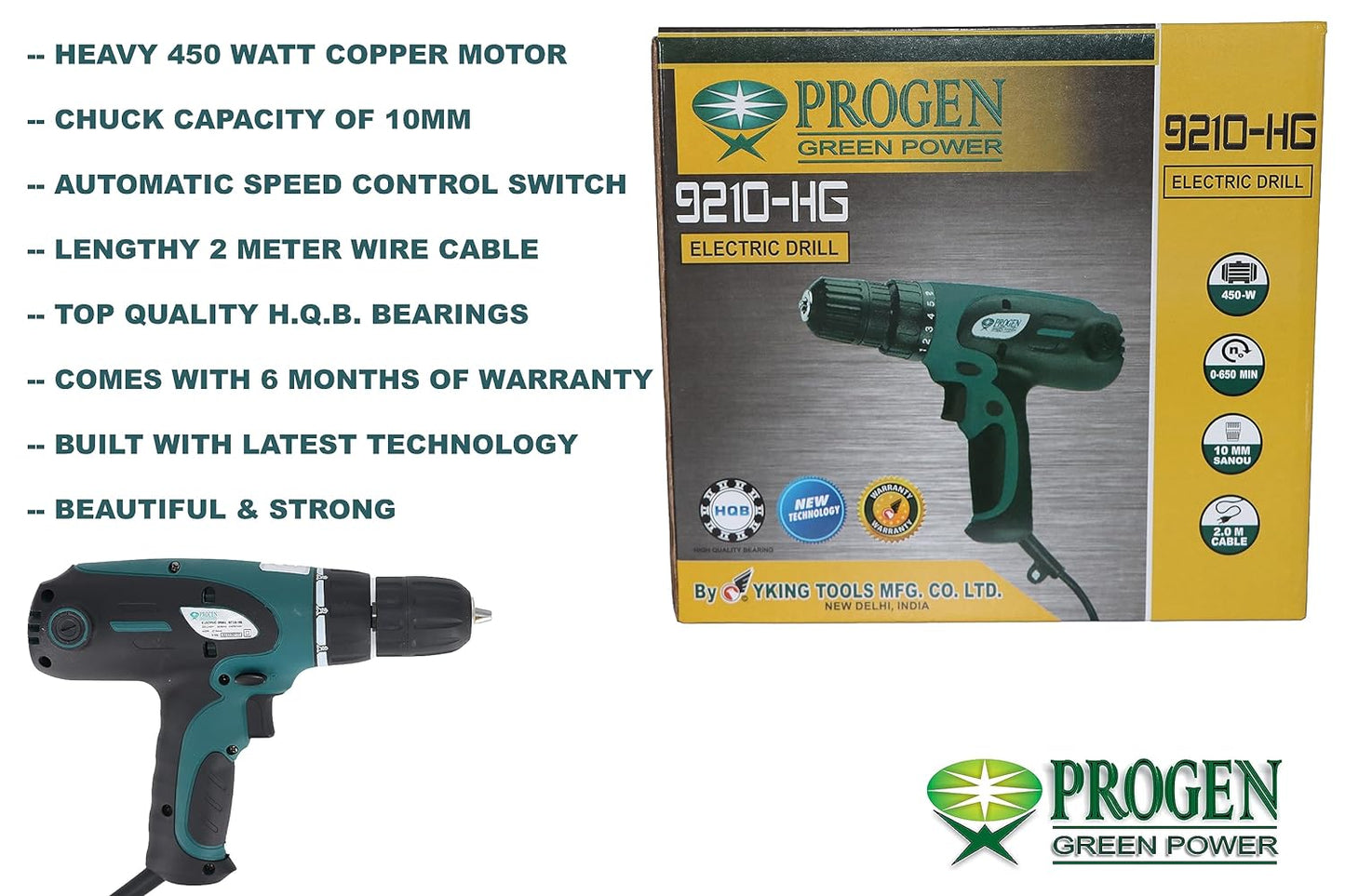 PROGEN 9210-HG Professional 450W Power Drill Machine with Reversible Variable Speed - Screwdriver Pistol Grip Drill (10 mm Chuck Size)