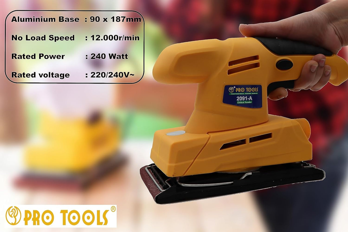 PRO TOOLS 2091-A, 240W, 12000 RPM, 90x187mm Aluminium Base Corded Electric Orbital Sander
