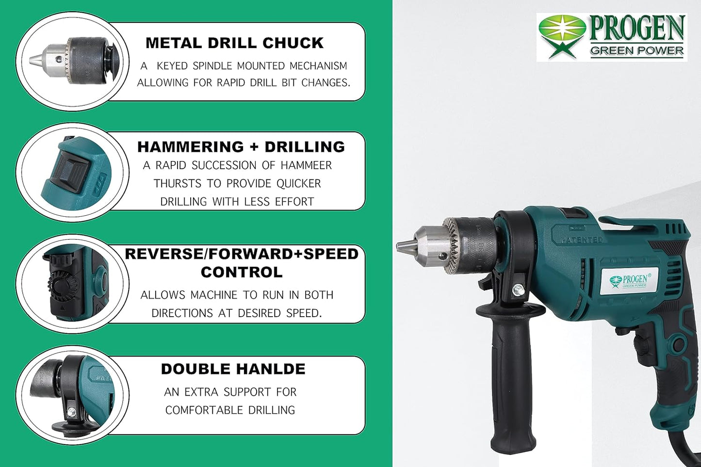 PROGEN 9213-HG 800W Electric Impact Drill 13mm with Forward/Reverse Function with Variable Speed Control ( Copper Armature, 2800 RPM, Chuck 13mm)