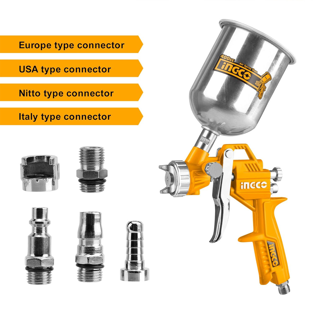 Ingco ASG4041 Air Spray Gun - 400ml Capacity, HVLP Technology, 1.5mm Nozzle, Stainless Steel, Ideal for Auto Paint