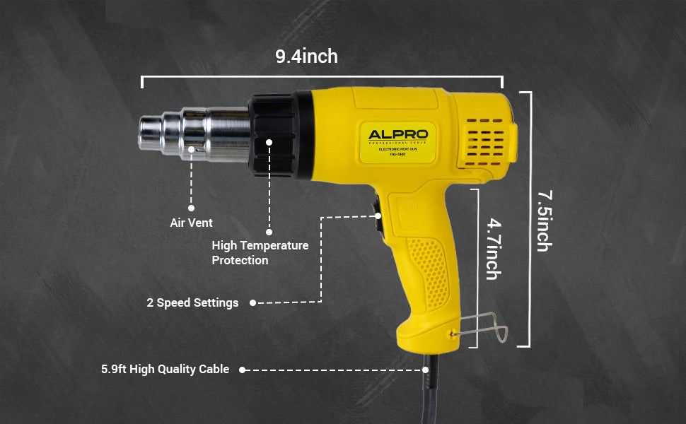 ALPRO 1800W Hot Air Heat Gun with Dual Temperature (350°C|550°C) for Shrink Wrapping, Packing, Paint Removal, Industrial Applications
