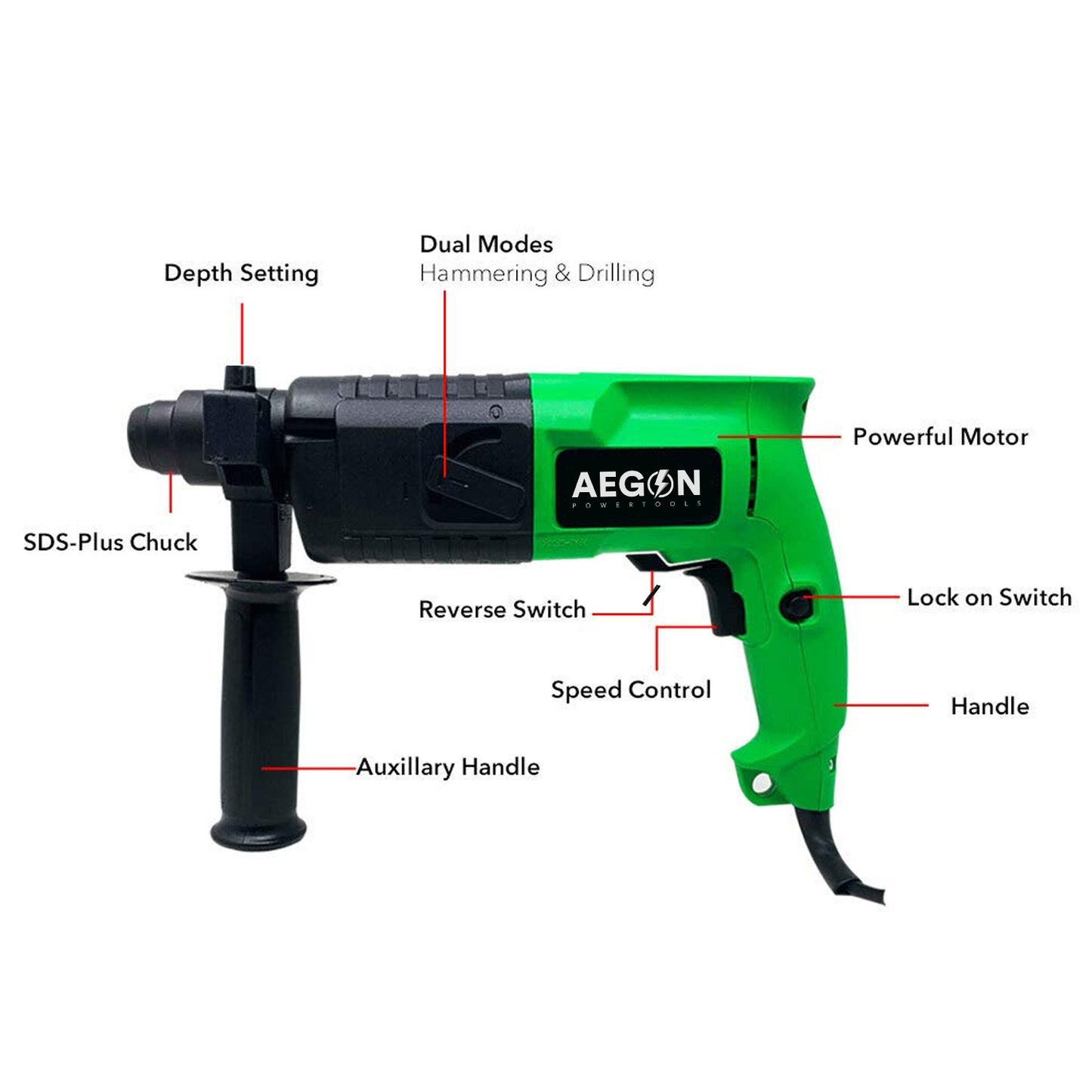 Aegon AHD201 - हैवी ड्यूटी / वेरिएबल स्पीड रोटरी हैमर ड्रिल (800 W, 20 mm, 850 Rpm, हरा)