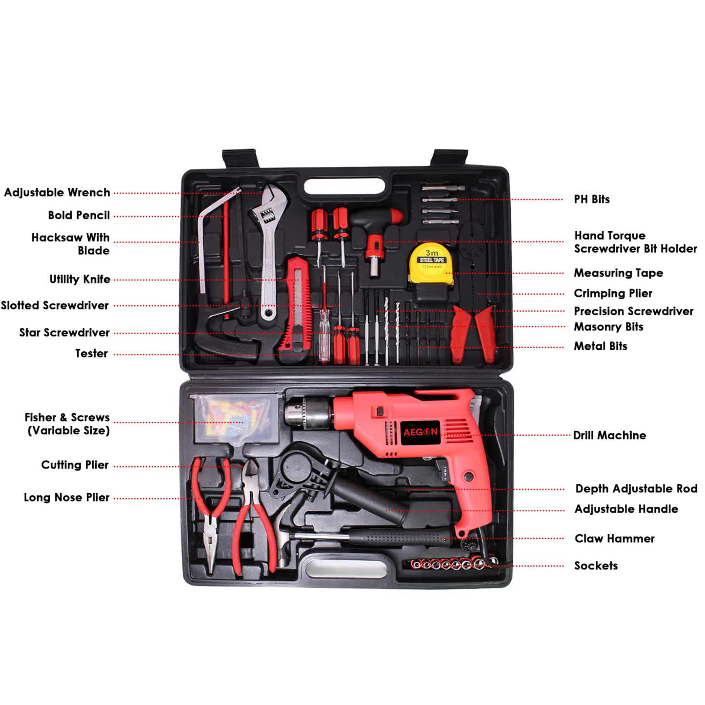 Aegon ADM-13 MM - 650W-800W Impact Drill Machine or Screwdriver & Kit with 121 Accessories