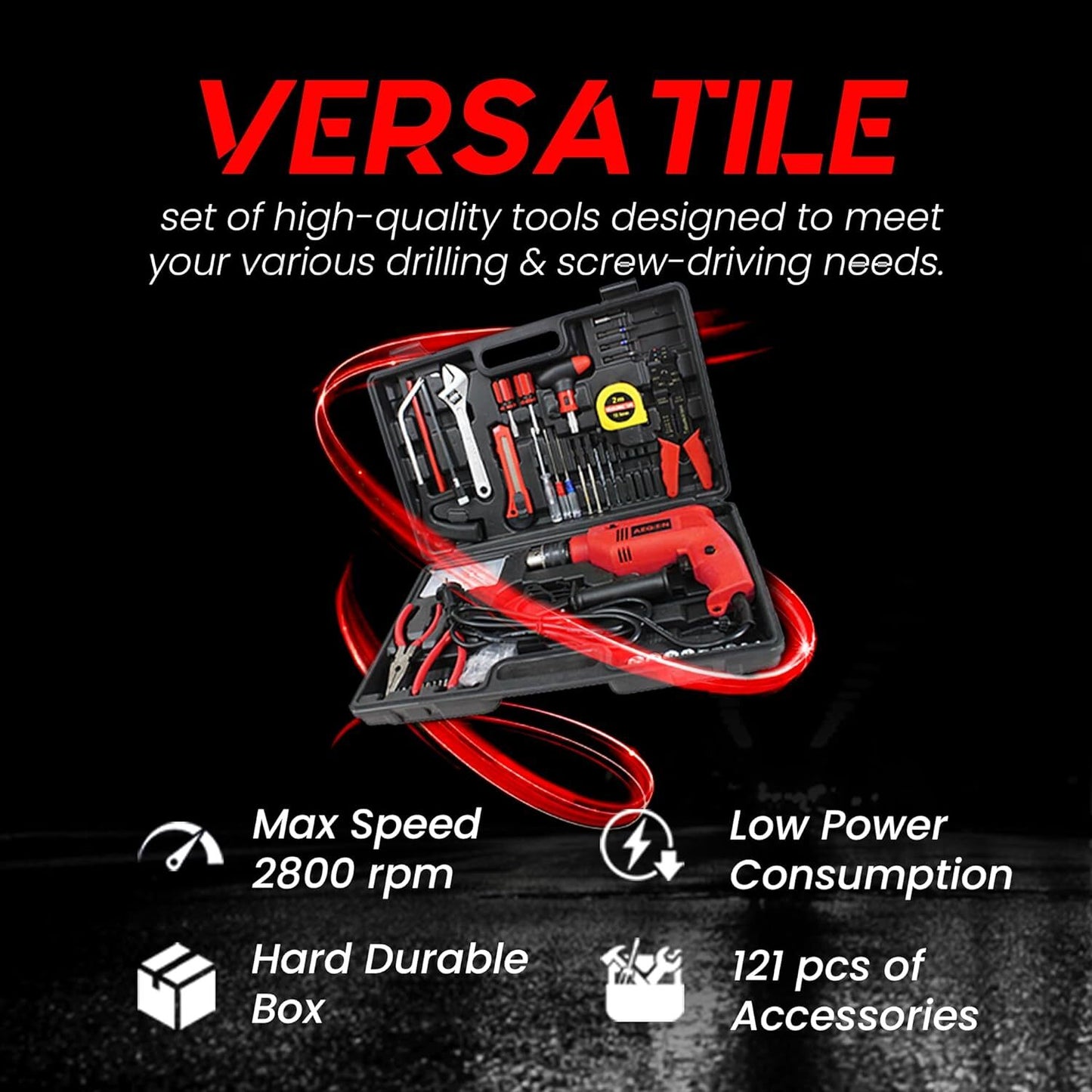Aegon ADM-13 MM - 650W-800W Impact Drill Machine or Screwdriver & Kit with 121 Accessories