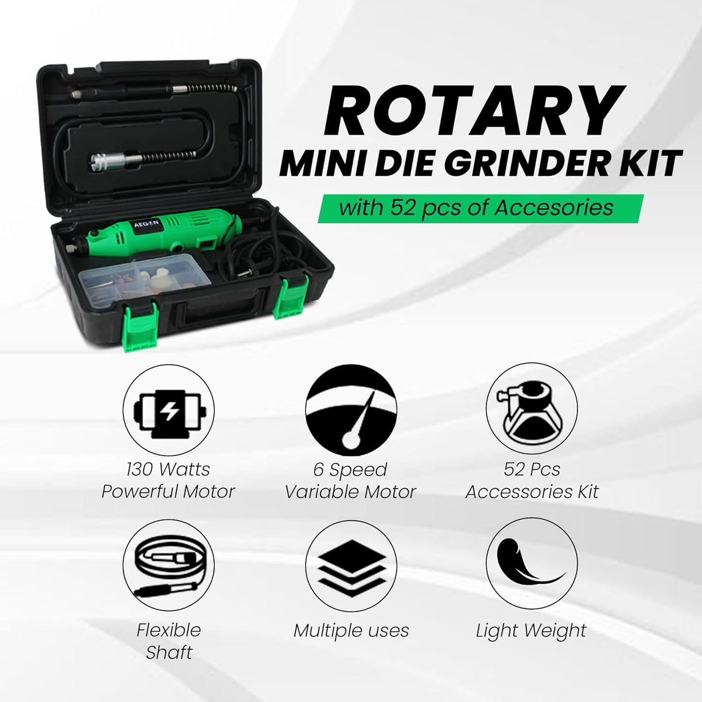 AEGON AG-DG130 Multifunctional Mini Rotary 52 Pieces Die Grinder Kit with Flexible Shaft and Variable Speed for Jade Carving, Wood Punching, Sanding, Buffing, Polishing, Engraving (130W, 52 Pcs)