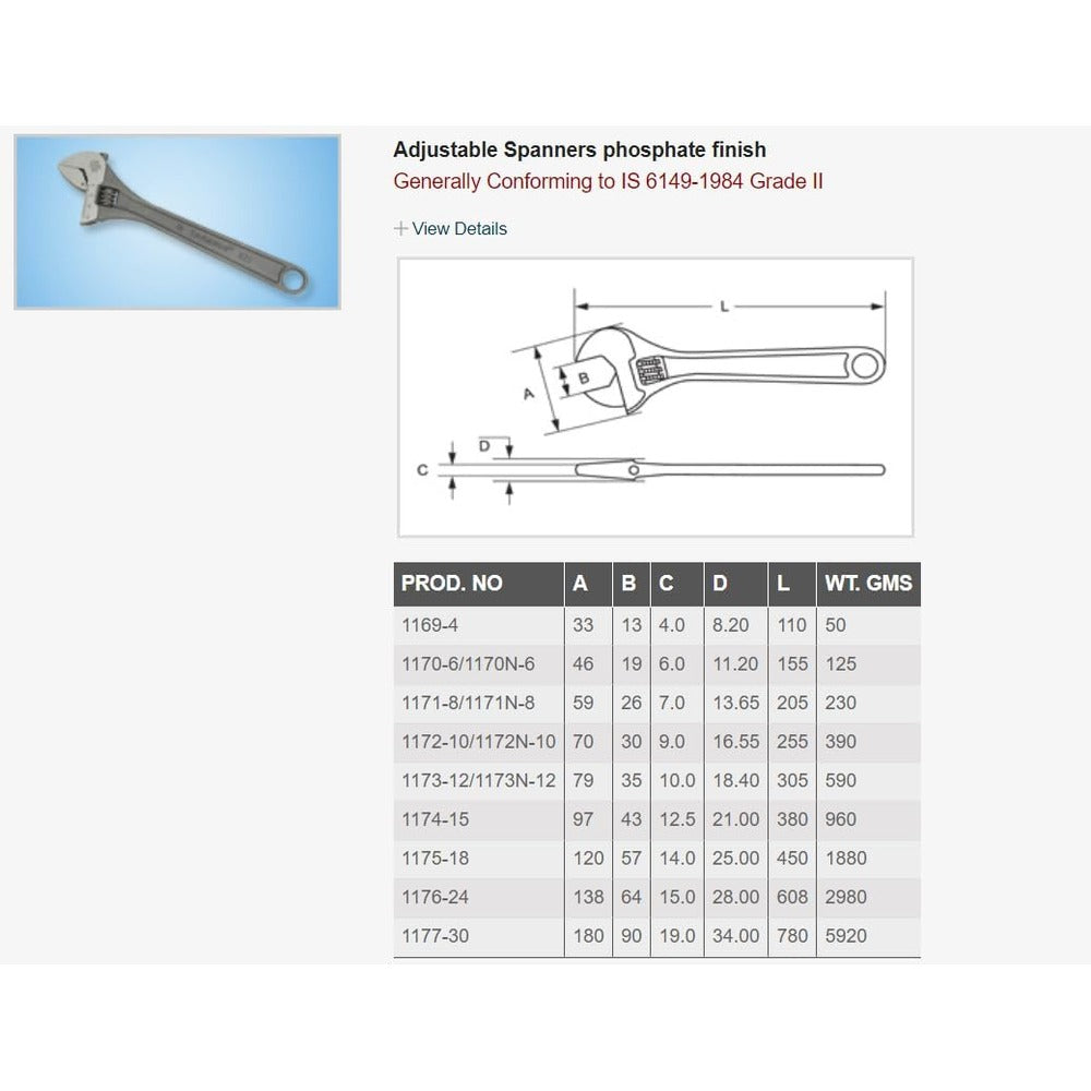 AEGON Taparia 205mm/8 inch Single Sided Phosphate Finish Adjustable Spanner Wrench
