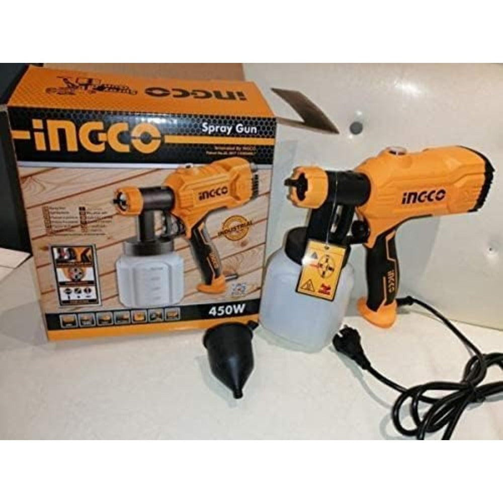 INGCO SPG3508 Electric Paint Spray Gun Matte Finish 450 Watt with Viscosity Measuring Cup 800 ml Capacity for Home Improvement & Industrial Use (Orange, 1 Set)