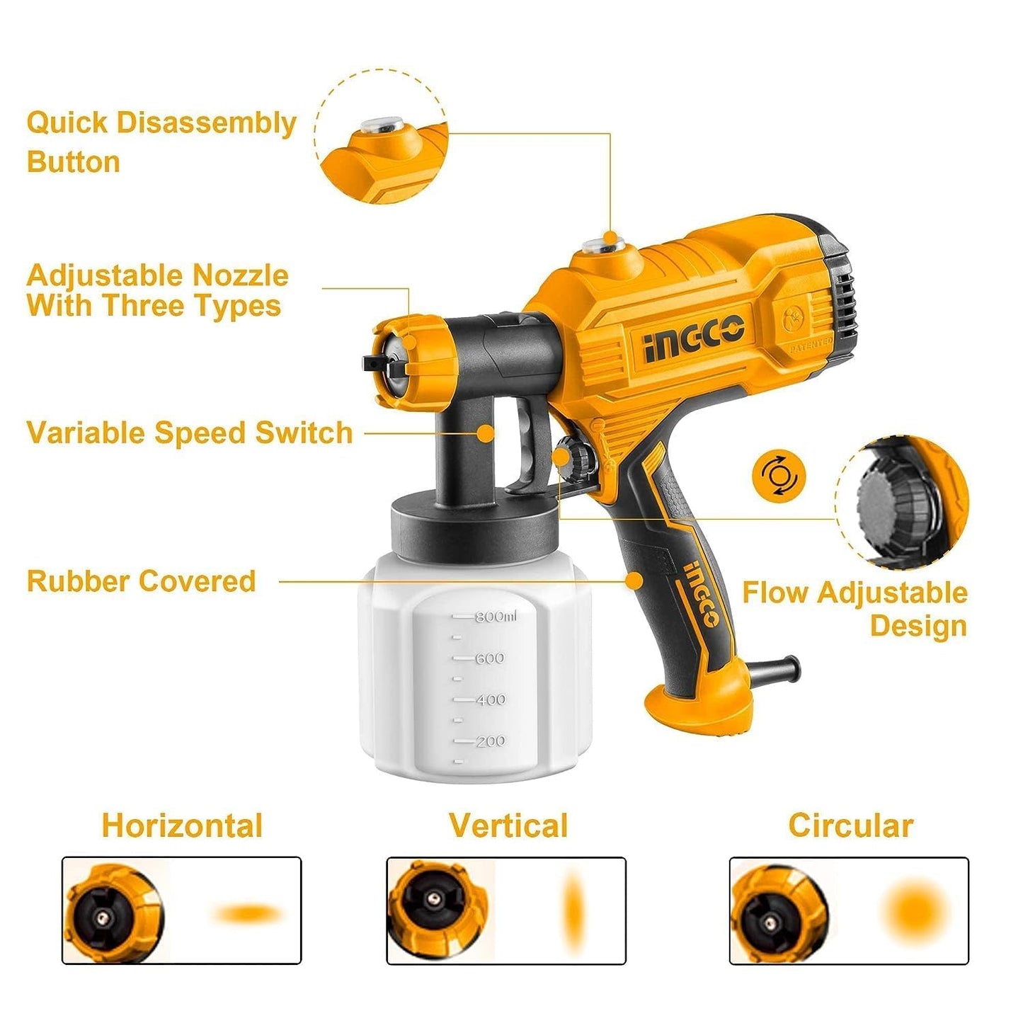 INGCO SPG3508 Electric Paint Spray Gun Matte Finish 450 Watt with Viscosity Measuring Cup 800 ml Capacity for Home Improvement & Industrial Use (Orange, 1 Set)