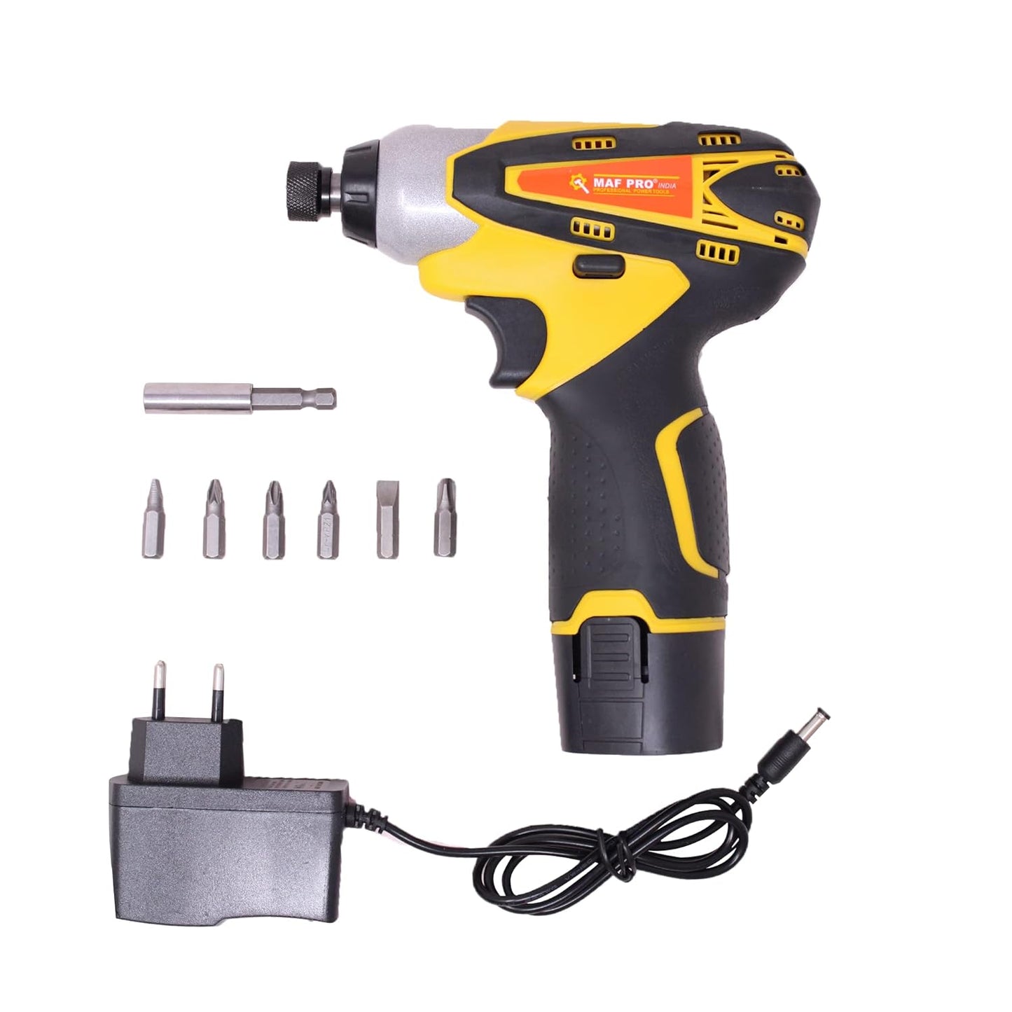MAF PRO CIDLI1270 12V Li-ion Reversible Variable Speed Cordless Screwdriver/Impact Drill Driver with 6 Screwdriver Bits & 1 Bit Holder, Yellow