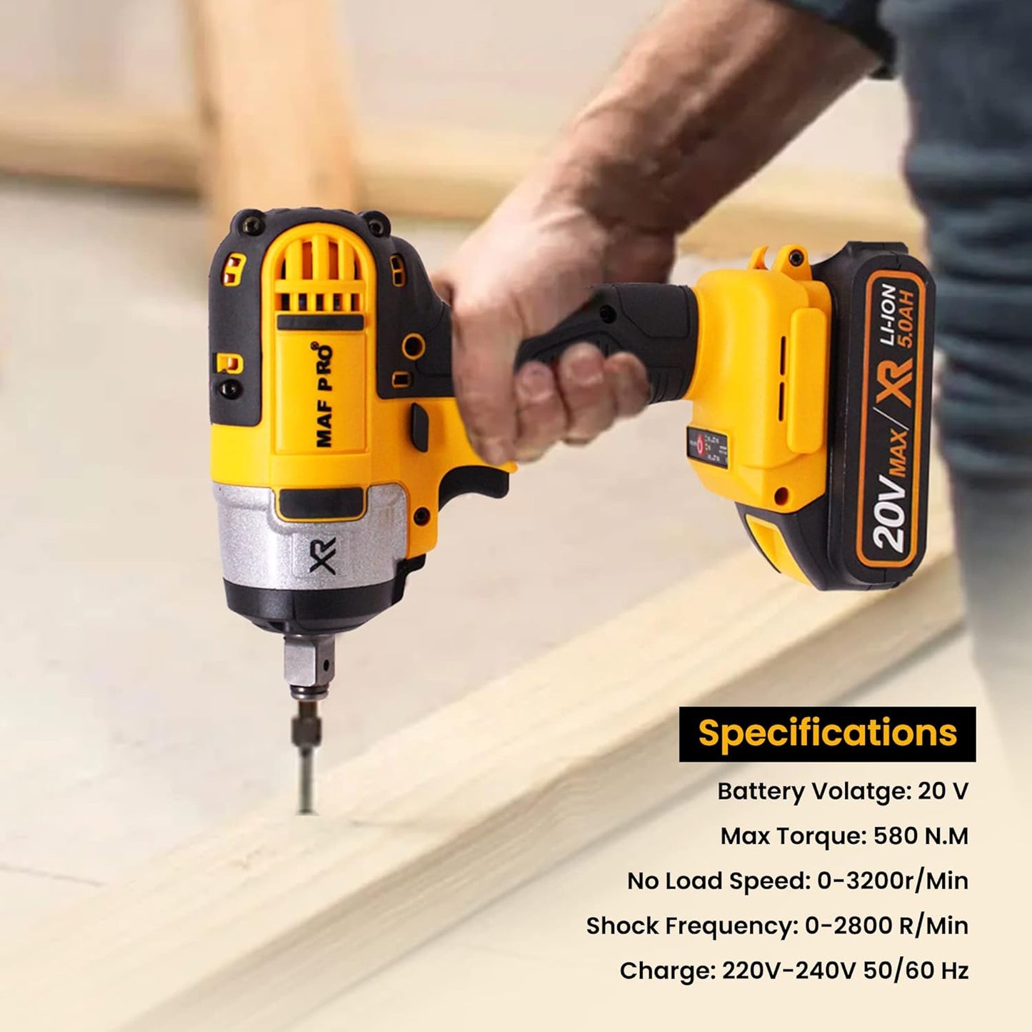 MAF PRO CIWL12012 20V Cordless Lithium-Ion Impact Driver/Wrench, Brushless Motor with 3Pcs Sockets, 2 Batteries, 1 Charger, 1 Canvas Bag (580Nm, 3200Rpm)
