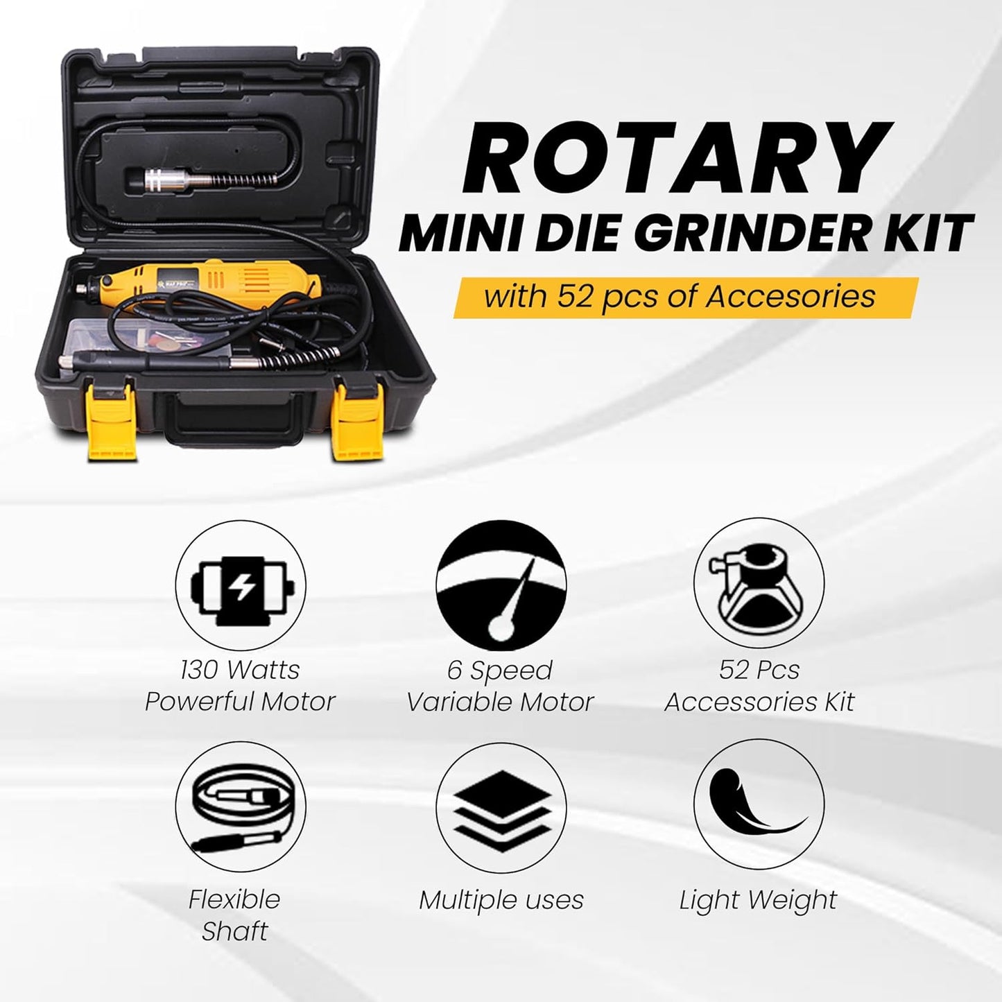 MAF PRO MG152A Multifunctional 52 Pieces Mini Rotary Die Grinder Kit with Flexible Shaft and Variable Speed for Jade Carving, Wood Punching, Sanding, Buffing, Polishing, Engraving (130W, 52 Pcs)