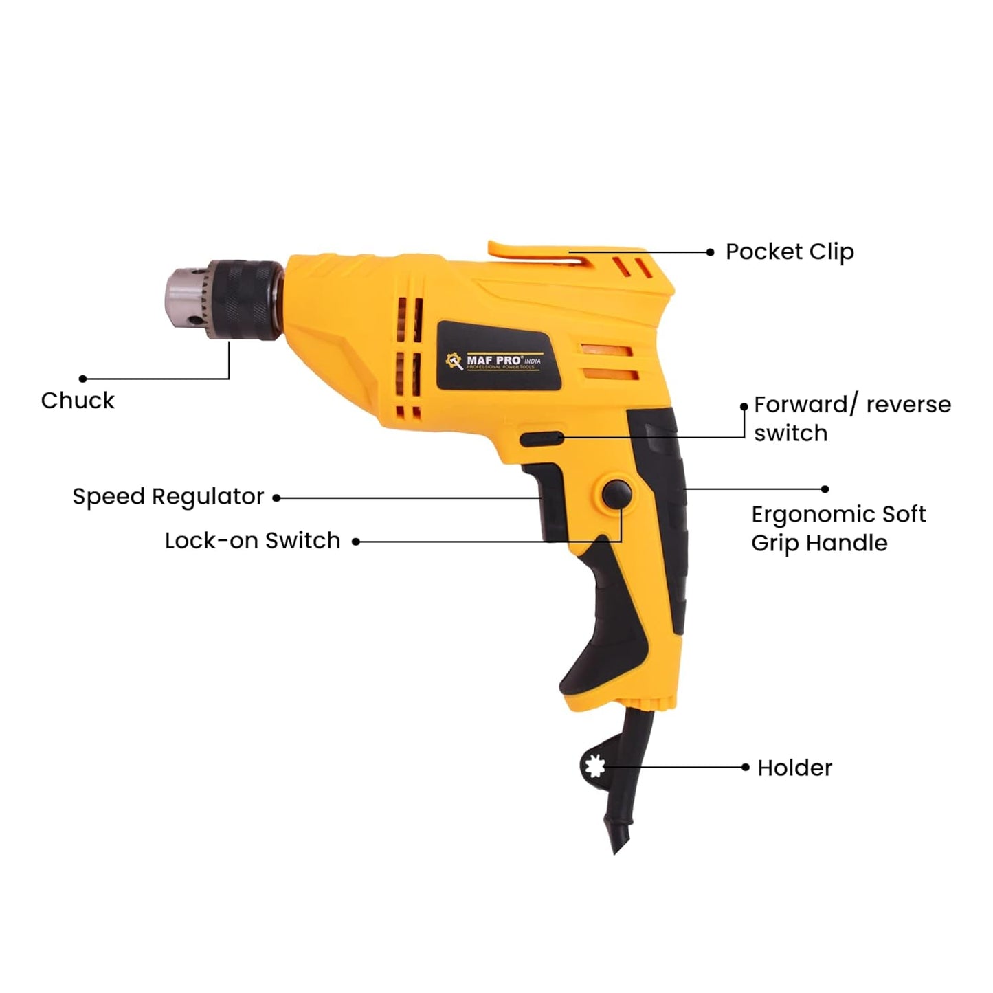 MAF PRO MPED-10 450W 10mm Electric Drill, Copper Armature, Forward/Reverse with Variable Speed Control (3000 RPM, Chuck 10 mm)
