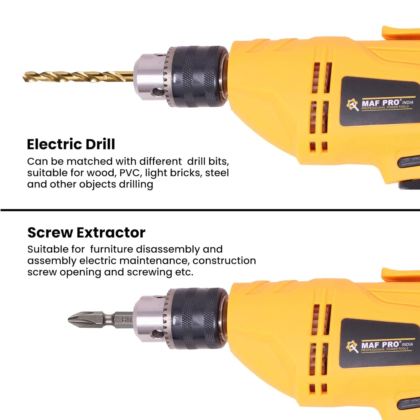 MAF PRO MPED-10 450W 10mm Electric Drill, Copper Armature, Forward/Reverse with Variable Speed Control (3000 RPM, Chuck 10 mm)