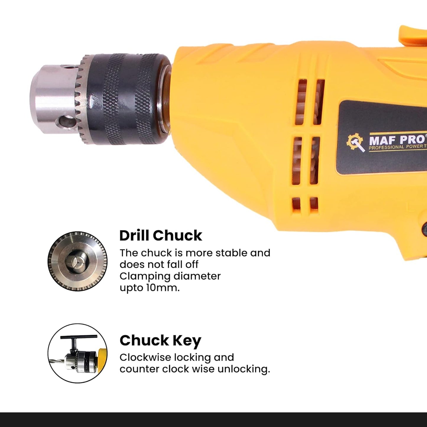 MAF PRO MPED-10 450W 10mm Electric Drill, Copper Armature, Forward/Reverse with Variable Speed Control (3000 RPM, Chuck 10 mm)